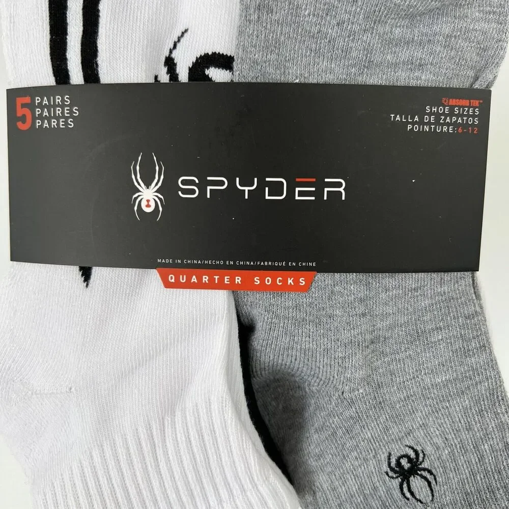 NEW Spyder Men Stripe Quarter Socks 5 Pairs White Black Gray Shoe Size 6 -12